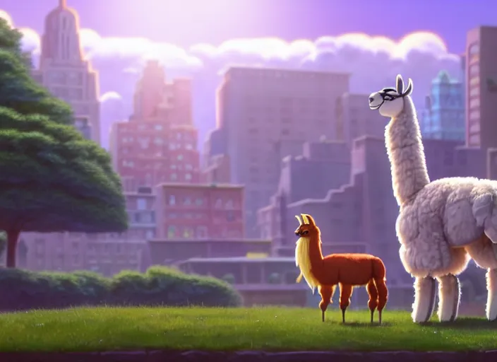 Prompt: a wholesome animation key shot of a llama, new york zoo in the background, studio ghibli, pixar and disney animation, sharp, rendered in unreal engine 5, anime key art by greg rutkowski, bloom, dramatic lighting