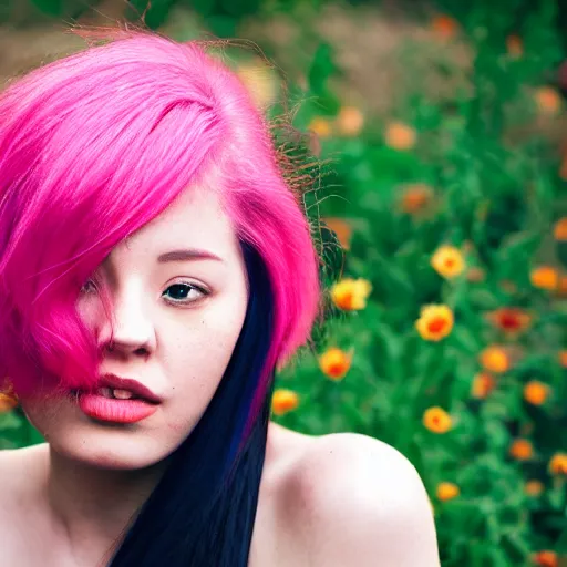 Image similar to a beautiful woman with pink hair and fair skin, portrait photograph, nikon 3 5 mm, photograph