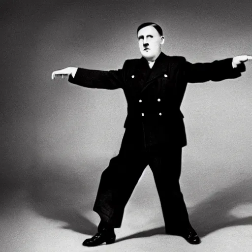 Image similar to hitler holding a suitcase and dancing, realistic, hd