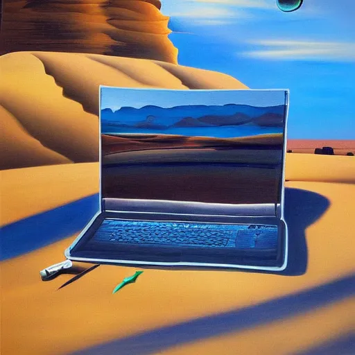 Image similar to laptop in the desert, high detailed high quality painting by salvador dali, hd, photorealistic lighting