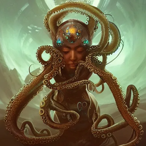 Prompt: “A high-quality photo of a young beautiful female cyborg queen” octopus Tentacles wrapping around her head, Digital art, Matte painting, concept Art, 3-D 4K, trending on Artstation, Hyperdetailed,Frank Frazetta, Arthur Adams,