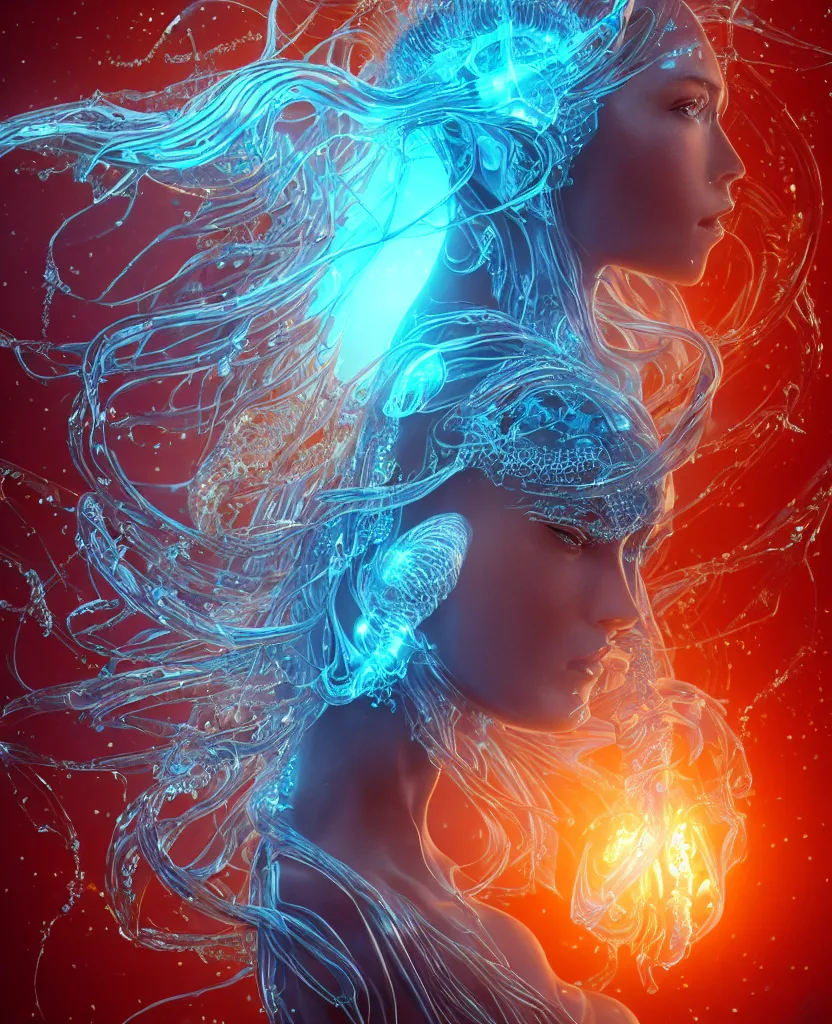 Image similar to close-up macro portrait of the face of a beautiful princess, epic angle and pose, symmetrical artwork, 3d with depth of field, blurred background, cybernetic jellyfish female face skull phoenix bird, translucent, nautilus, energy flows of water and fire. a highly detailed epic cinematic concept art CG render. made in Maya, Blender and Photoshop, octane render, excellent composition, cinematic dystopian brutalist atmosphere, dynamic dramatic cinematic lighting, aesthetic, very inspirational, arthouse. y Greg Rutkowski, Ilya Kuvshinov, WLOP, Stanley Artgerm Lau, Ruan Jia and Fenghua Zhong