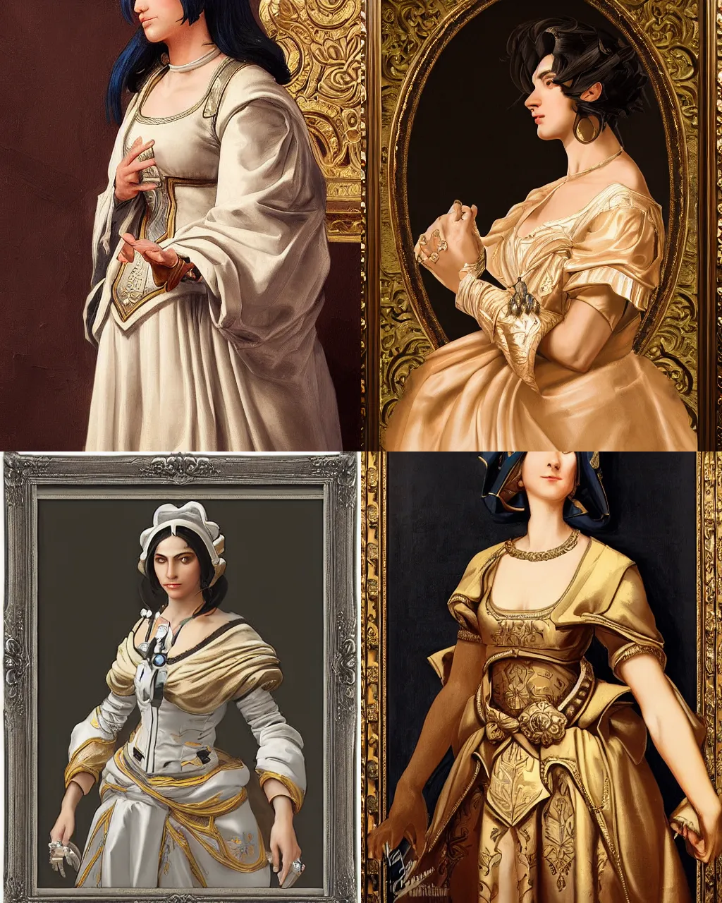 Prompt: Detailed Baroque painting of Pharah from overwatch as an elegant noblewoman, beautiful soft silky dress, style of giotto and jc leyendecker, intricate, soft lighting |