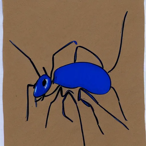 Prompt: a one - eyed blue ant character study with a relaxed stance, pen and ink