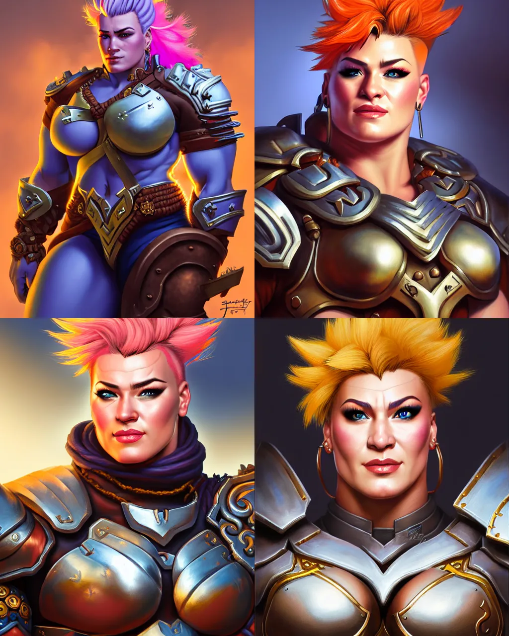 Prompt: detailed portrait of zarya from overwatch as a powerful fantasy warrior wearing iron breastplate, hyper detailed, realistic, soft lighting, by jeff easley, boris vallejo, smooth hair, detailed textures, dungeons and dragons