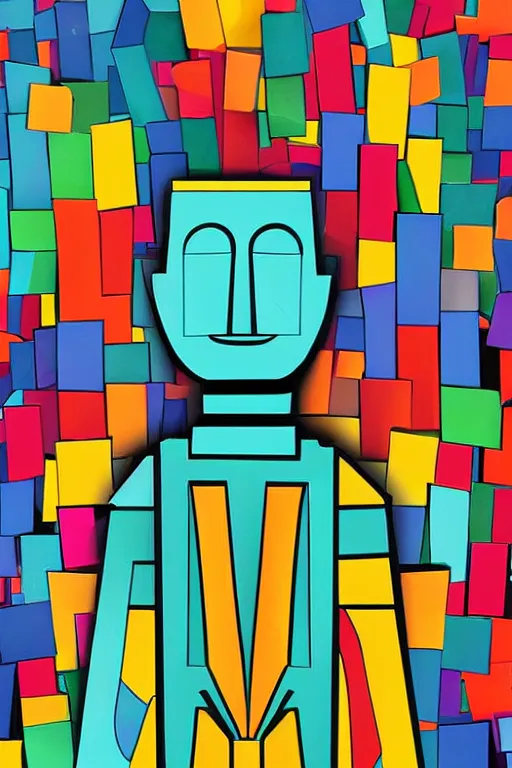 Image similar to cubist moai statue cutout digital illustration cartoon colorful beeple