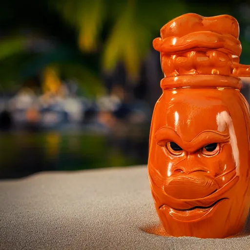 Image similar to a closeup photorealistic photograph of a glossy orange cat garfield style tiki mug sitting at a trader vic's beach bar featuring garfield's face. tiki theme. bright scene. fine detail. this 4 k hd image is trending on artstation, featured on behance, well - rendered, extra crisp, features intricate detail, epic composition and the style of unreal engine.