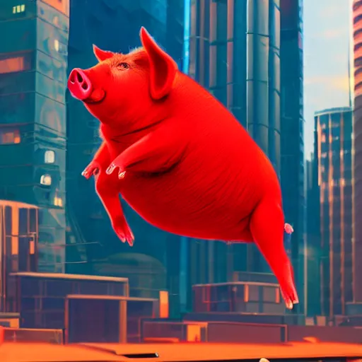 Prompt: pig in a red sweater flying in a cyberpunk city