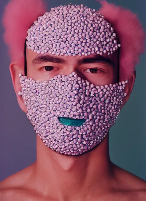 Image similar to a fashion portrait photograph of a man wearing a mask made of small spheres designed by balenciaga, 3 5 mm, pastel, color film camera,