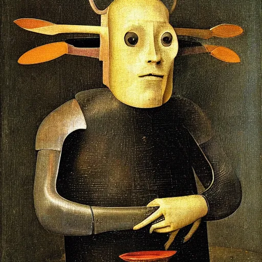 Prompt: a portrait of a robot by hieronymus bosch, detailed