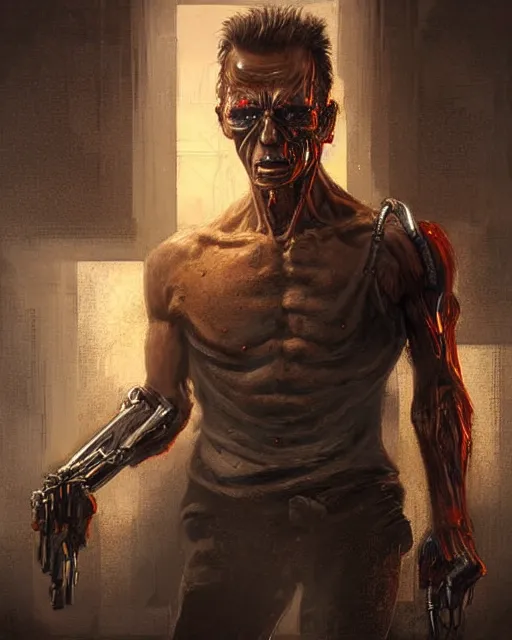 Image similar to a highly detailed epic cinematic concept art CG render digital painting artwork: The terminator. By Greg Rutkowski, in the style of Francis Bacon and Syd Mead and Norman Rockwell and Beksinski, open ceiling, highly detailed, painted by Francis Bacon and Edward Hopper, painted by James Gilleard, surrealism, airbrush, Ilya Kuvshinov, WLOP, Stanley Artgerm, very coherent, triadic color scheme, art by Takato Yamamoto and James Jean