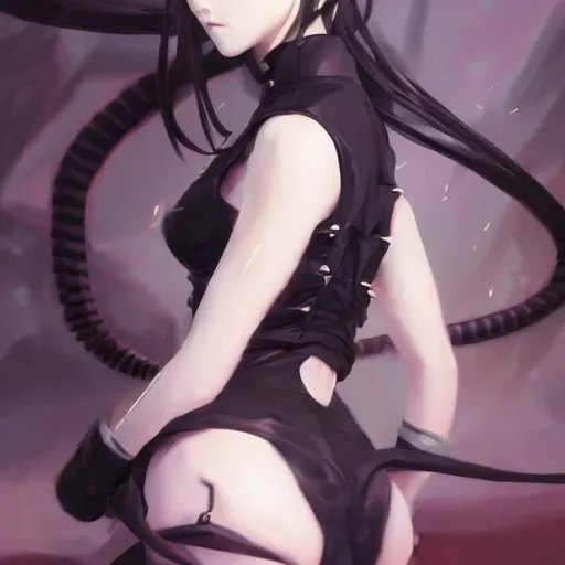 Prompt: an anime girl wtih black demon horns and snake tails,full body portrait,by ruan jia and Ilya Kuvshinov and Greg Rutkowski,super clear detailed,hyper realistic,trending on artstation,4k