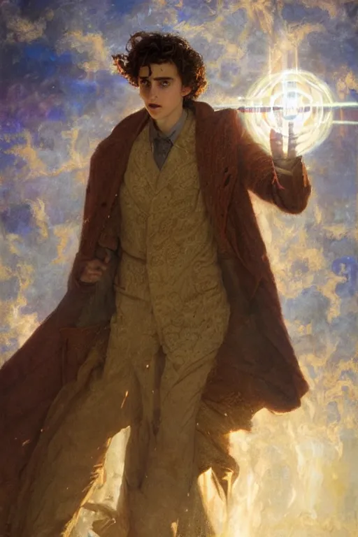 Prompt: timothee chalamet as doctor who, radiant light, caustics, heroic, bright iridescent light, by gaston bussiere, bayard wu, greg rutkowski, maxim verehin bloom dramatic lighting