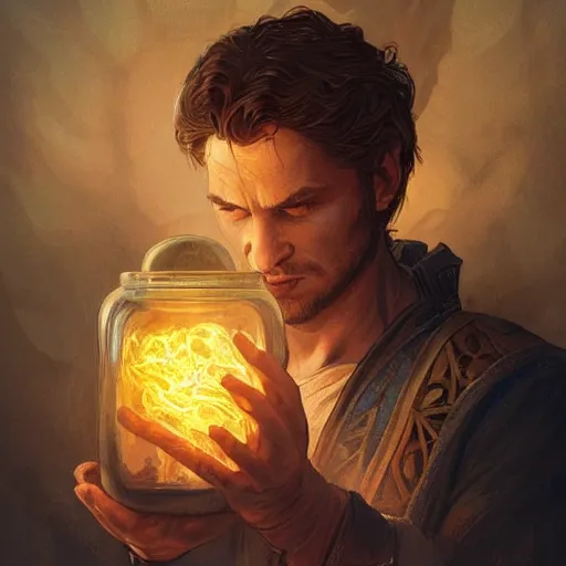 Image similar to man holding he's soul in a jar portrait, backlight, rim lighting, deep focus, d & d, fantasy, intricate, elegant, highly detailed, digital painting, artstation, concept art, matte, centered, sharp focus, illustration, hearthstone, art by artgerm, greg rutkowski and alphonse mucha