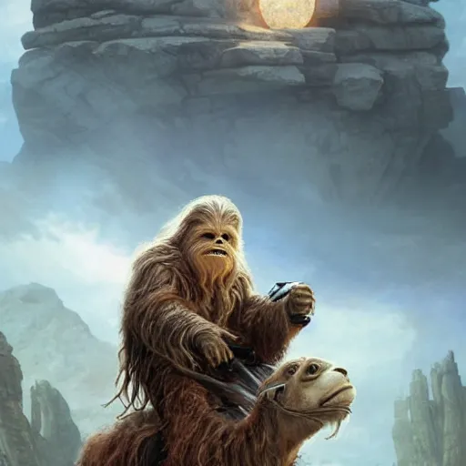 Image similar to warren buffet as a wookie from star wars riding a camel with han solo, ultra realistic, concept art, intricate details, eerie, haunting, highly detailed, photorealistic, octane render, 8 k, unreal engine. art by artgerm and greg rutkowski and charlie bowater and magali villeneuve and alphonse mucha