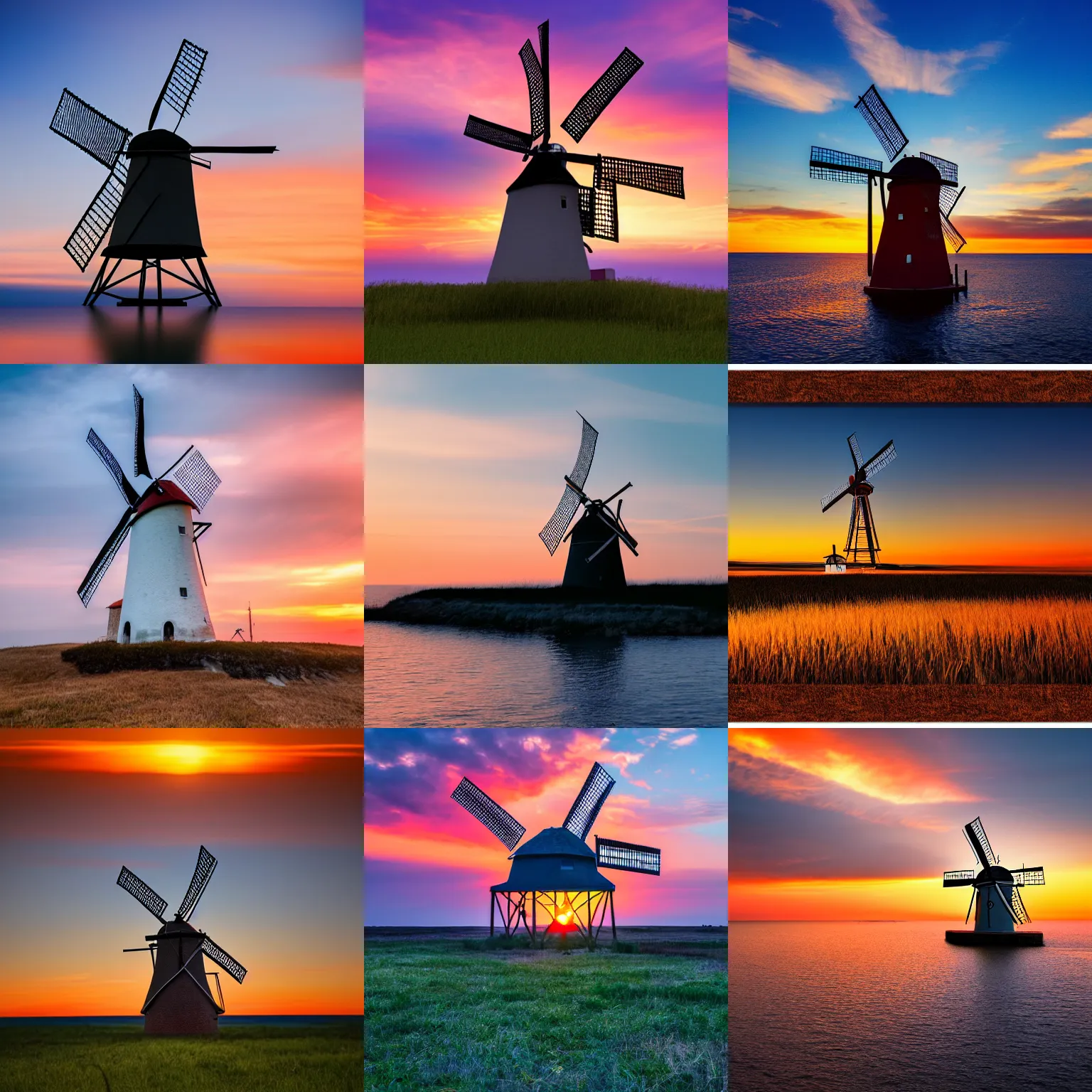 Prompt: Photograph of a beautiful sunset on a sky island with a windmill on top, 4k