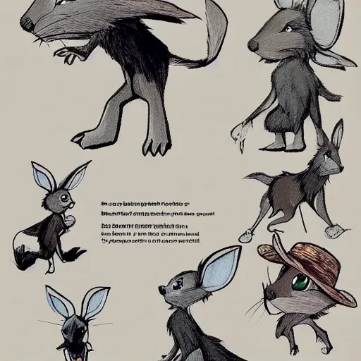 Prompt: very cute kid\'s film character rabbit in the style of Bambi, \'the secret of nimh\' , disney character concept artwork, concept art, detailed animation sheet, animal wearing a hat, high detail iconic character for 1997 film, official character sheet by don bluth