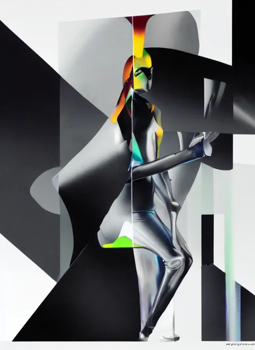 Image similar to futuristic lasers tracing, colorsmoke, leather fullbodysuit, pyramid hoodvisor, raindrops, wet, oiled, beautiful cyborg girl, by steven meisel, kaws, rolf armstrong, mondrian, kandinsky, perfect geometry abstract acrylic, octane hyperrealism photorealistic airbrush collage painting, dark monochrome, fluorescent colors, minimalist rule of thirds, eighties eros