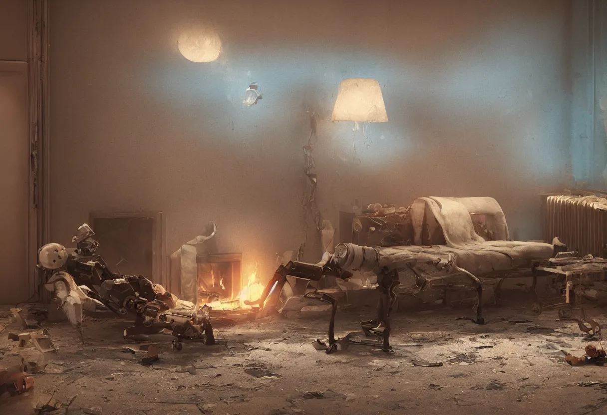 Image similar to intimate photograph of one single lone solitary cerulean and brown decaying futuristic robot lying on a frayed fainting couch facing a beautiful fireplace with a cozy fire, in a dusty Victorian home, soft morning light seeping in a window, with cinematic lighting and lens flare, tall ceiling, octane render, cgsociety, by Simon Stalenhag and Sylvian Boussiron and Alfonso Cuaron, highly detailed closeup portrait, award-winning highly detailed 8k anamorphic closeup tight cinematic movie photograph