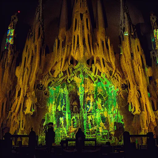 Image similar to glowing translucent theater stage in la sagrada familia, cyberpunk, dark room, science fiction magazine, cut up collage, 4 k close up, wide angle