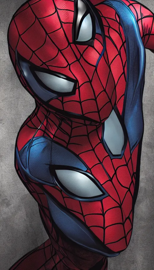 Prompt: hyperealistic spiderman with his mask off looking seductively at the camera, digital art