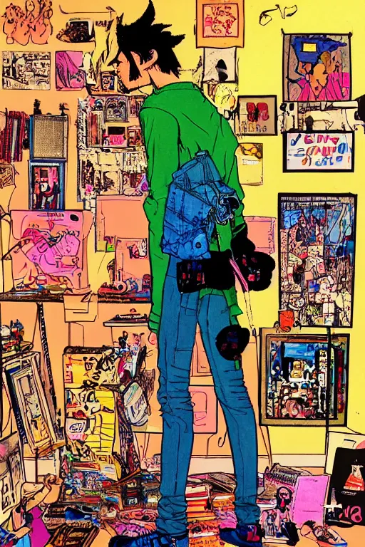 Image similar to a skinny goth guy standing in a cluttered 9 0 s bedroom by jamie hewlett, back view, jamie hewlett art, full body character concept art, vaporwave colors,