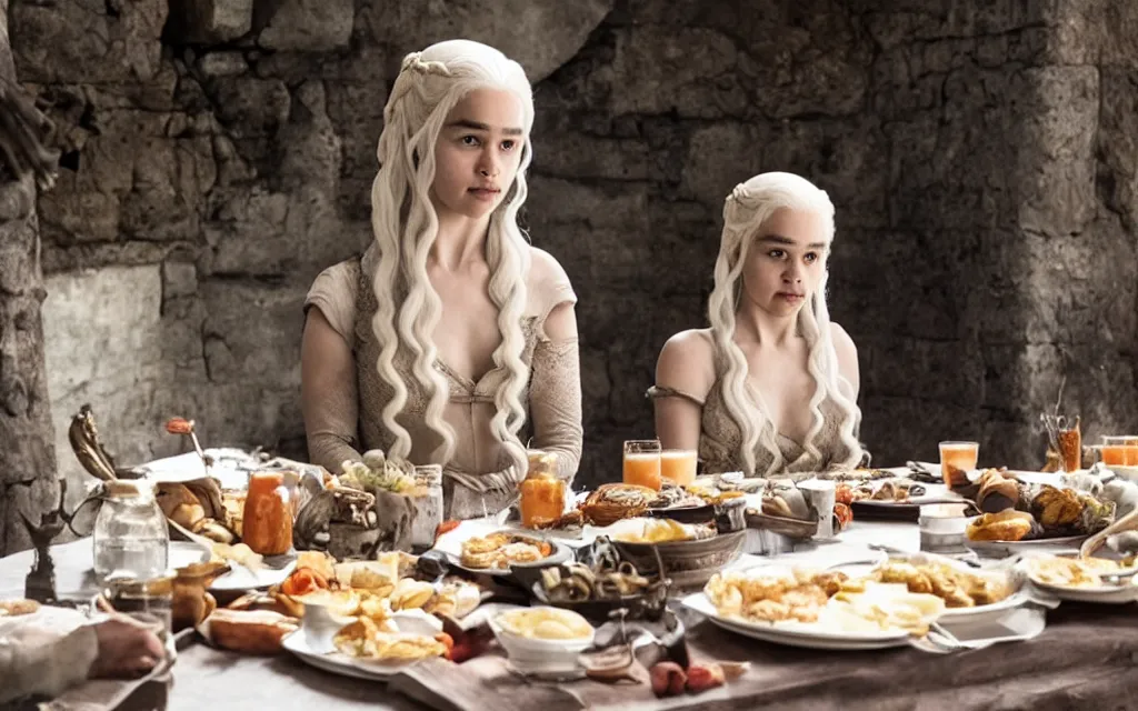 Prompt: daenerys targaryen having breakfast