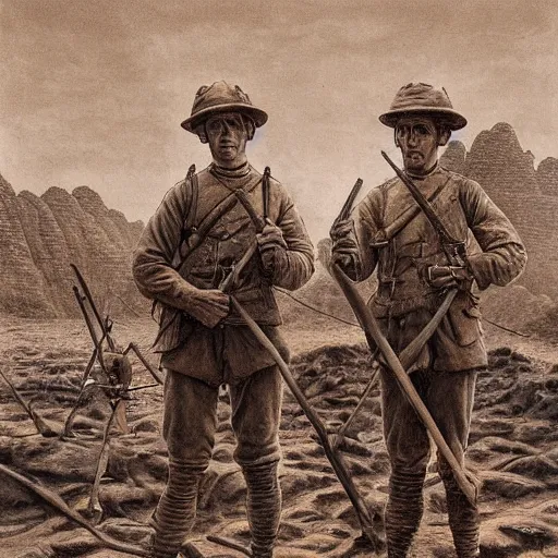 Image similar to ultra detailed photorealistic sepia - toned painting from 1 9 1 7, three british soldiers standing at an archaeological dig site in wadi rum, ultra realistic, painted, intricate details, lovecraft, atmospheric, dark, horror, brooding, highly detailed, by clyde caldwell