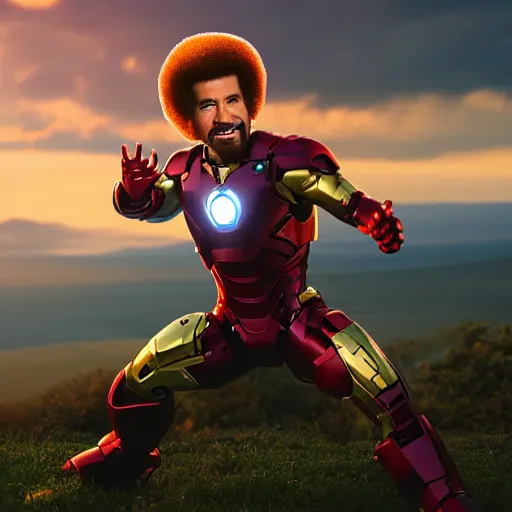 Image similar to a still of Bob Ross as Ironman. Magic Hour. Professional photography, 4K. Mood