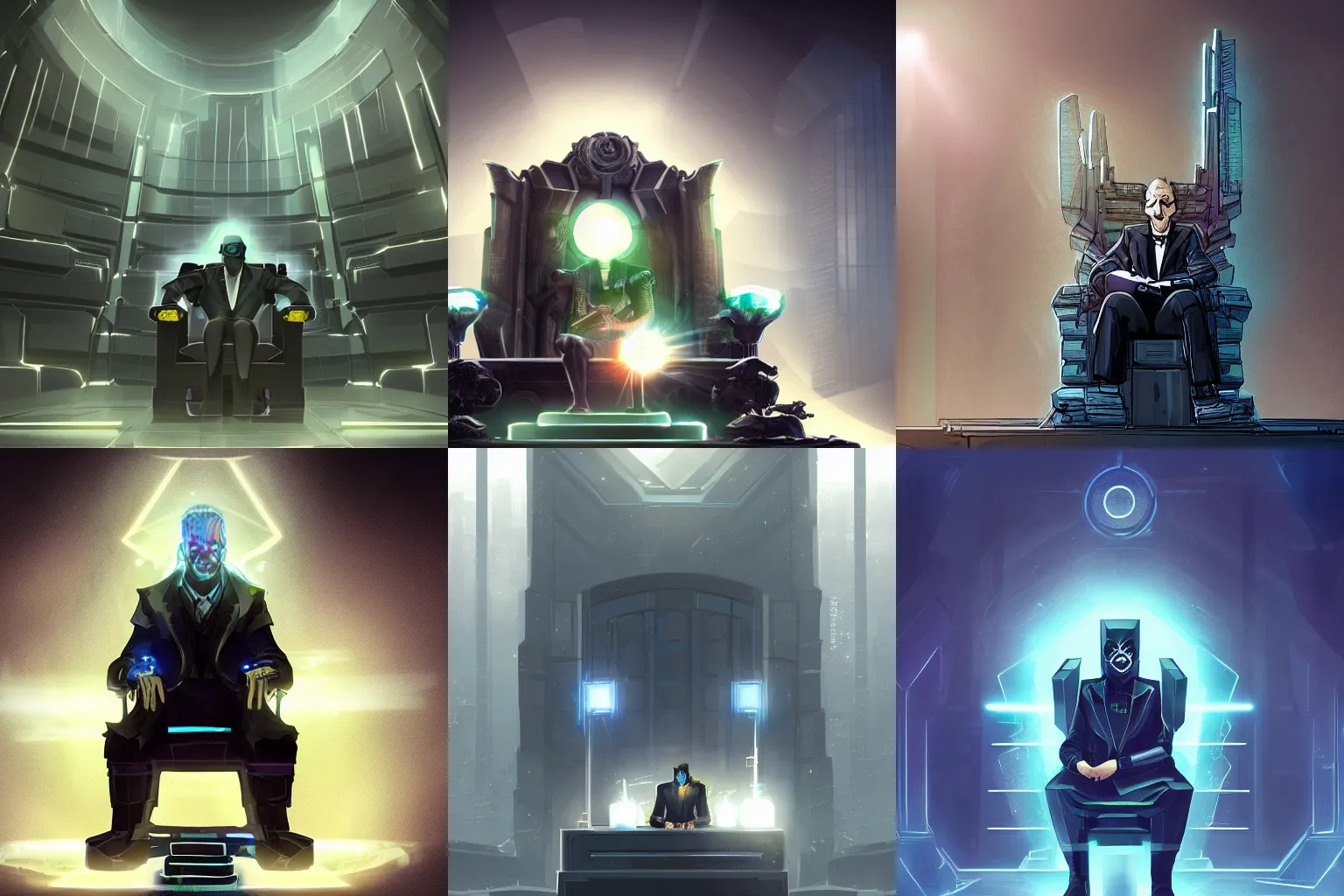 Prompt: a villainous cyberpunk CEO sitting on an imposing stone throne connected to beams and cords of pure light energy. Office of onyx and jade, dark, scifi concept art, HBO adaptation, slight lens flare, villain's power