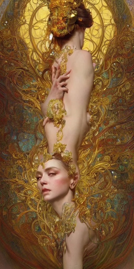 Prompt: an intricate painting of a beautiful goddess with an artistic pose, hyper - detailed, ornamental gold headpiece, octane render, vivid colors, artstation, by jeremy mann, by alphonse mucha, by boris vallejo, by gustav klimt