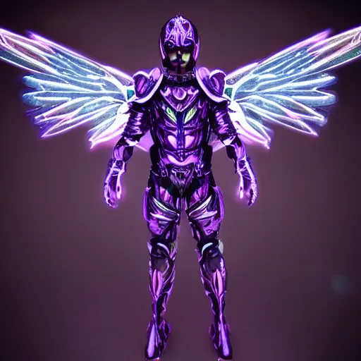Image similar to a photo of 8k ultra realistic archangel with 6 wings, full body, intricate purple and blue neon armor, ornate, cinematic