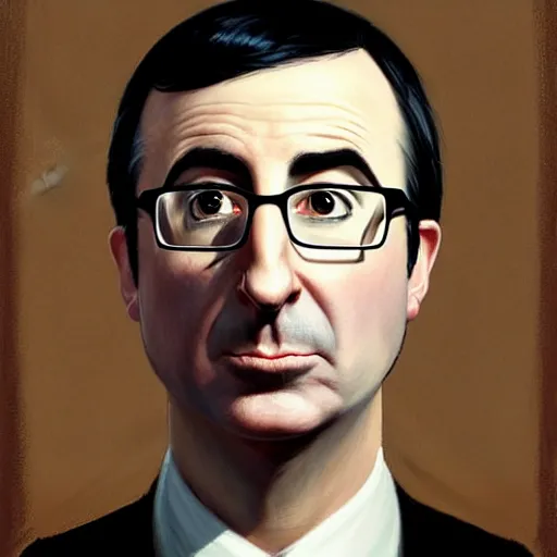 Prompt: Facial portrait. John Oliver, looking at the camera, disgusted. fear inspiring mood, intimidating, extremely detailed painting. by Greg Rutkowski and by Henry Justice Ford and by Steve Henderson.