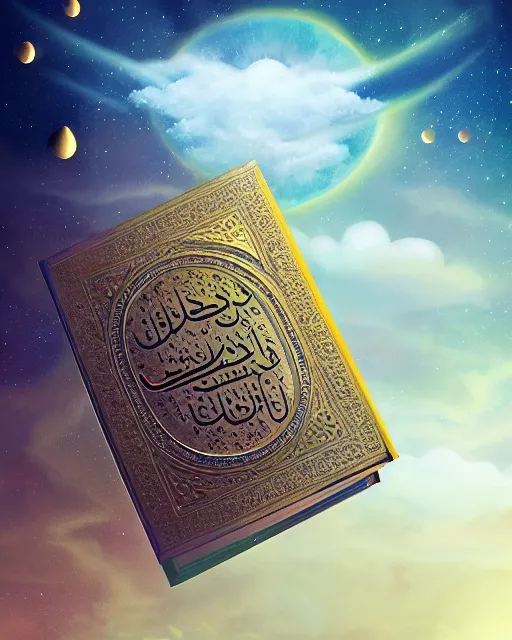 Image similar to the quran descending from the galaxy into clouds highly detailed, gold filigree, romantic storybook fantasy, soft cinematic lighting, award, pastel color palette, featured on artstation