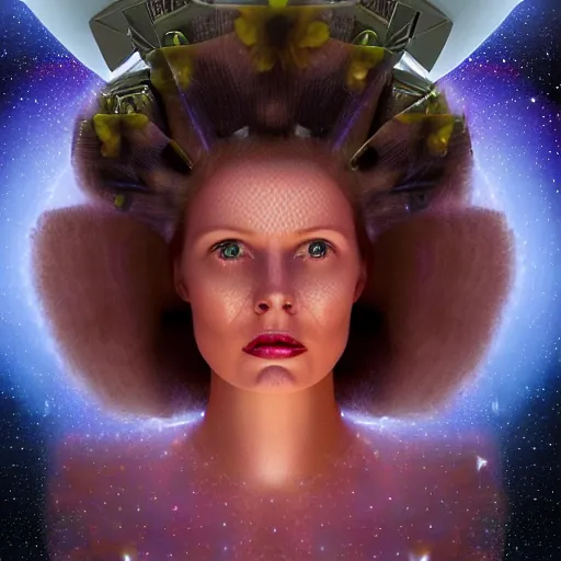 Image similar to hyperrealistic portrait of unknown extraterrestrial interstellar civilization woman in style of ingo swan, in style of retro sci - fi with holographic hexagonal flowers as crown 8 k