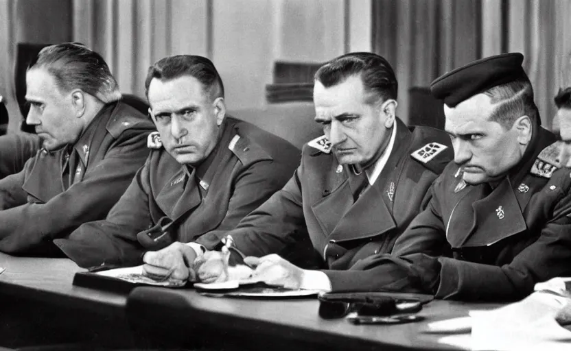 Prompt: 50s movie still of very diverse 3 soviet generals head with very detailed faces in a stalinist parlement, by Alexei Guerman, Cinestill 800t 35mm black and white, heavy grainy picture, very detailed, high quality, 4k, HD criterion, precise texture, diverse faces, diverse haircuts, diverse ages, precise faces