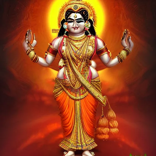 Prompt: a indian women god with eight hand gold color, concept art, art station, digital yellow red sun