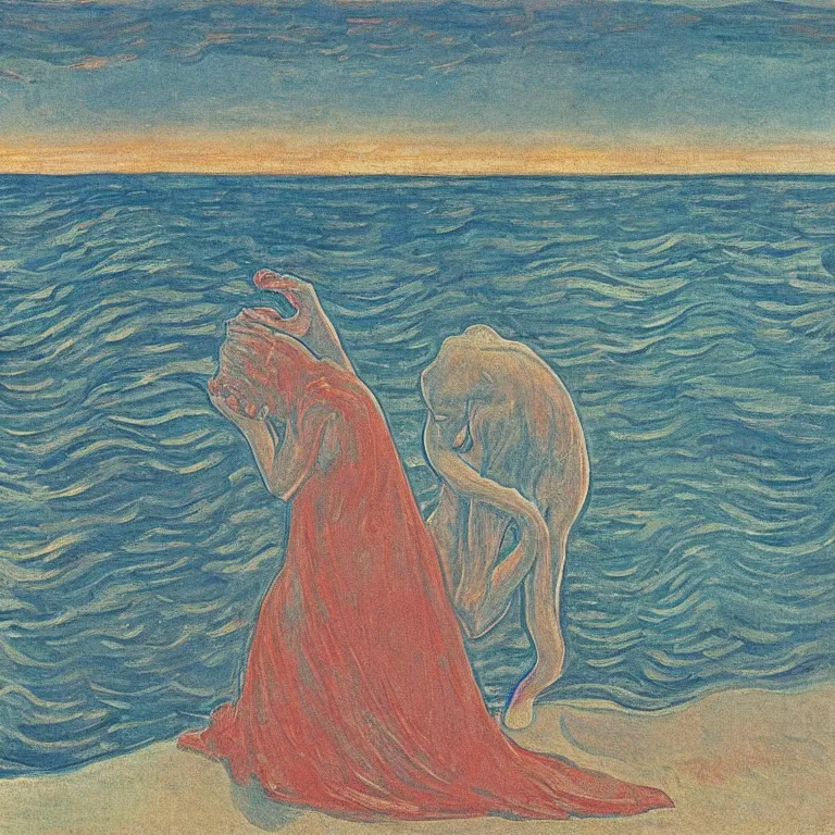 Prompt: The Great Sneeze the moved the ocean. Painting by Munch, Caspar David Friedrich