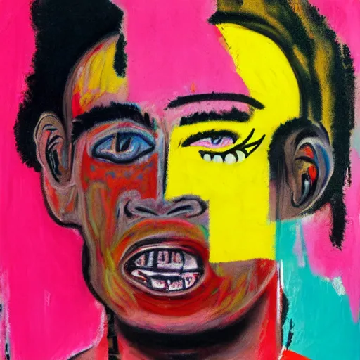 Image similar to pink and yellow and red detailed neo expressionism oil painting of sad boy rapper crying with tattoos by basquiat