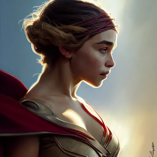 Image similar to beautiful Emilia Clarke as Flash, western, closeup, D&D, fantasy, intricate, elegant, highly detailed, digital painting, artstation, concept art, matte, sharp focus, illustration, art by Artgerm and Greg Rutkowski and Alphonse Mucha