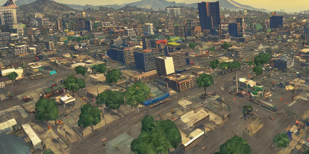 Image similar to guatemala city if it was a game like grand theft auto v with player view perspective, hud, with realistic visuals and award winning gameplay