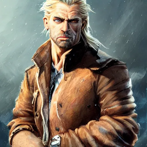 Image similar to portrait of a muscular, grim, ponytail haired blonde man in his late 30's, wearing a thick brown leather coat, looking to his side, scarred face, blue eyes, hunter, DnD character, fantasy character, dramatic lighting, digital art by Ruan Jia, Krenz Cushart, Rossdraws and Boris Vallejo