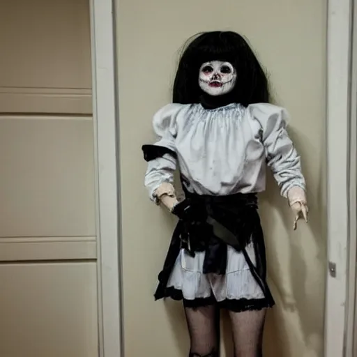 Prompt: evil creepy female killer doll standing in the room