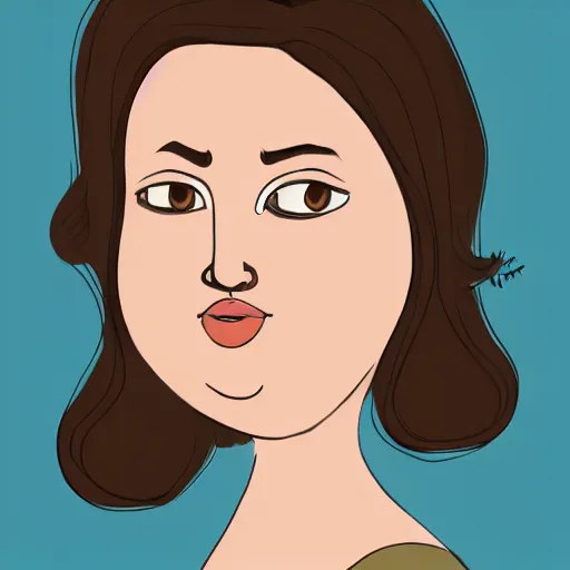 Prompt: chubby curvy 30 year old brunette woman with messy hair in a short bob, round face, large glasses, romanian heritage, brown eyes, olive skin, bulbous nose, big chin, wide face, no bangs, digital art, painterly, cartoon, cute, 8k, illustration, art by loish, painterly, trending on artstation, medium shot, uncropped