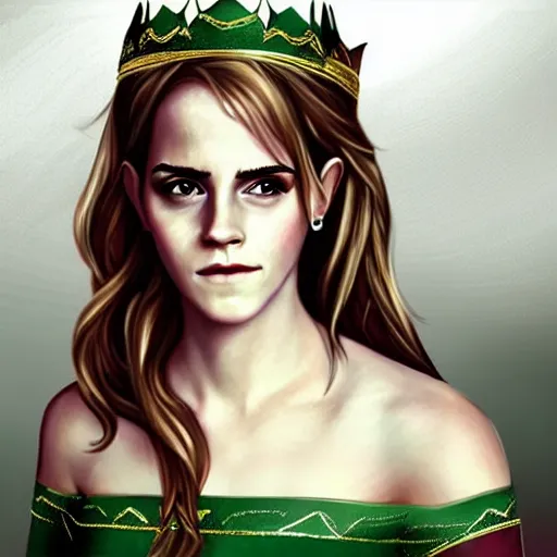 Prompt: “ emma watson as a gorgeous elf queen, digital art ”