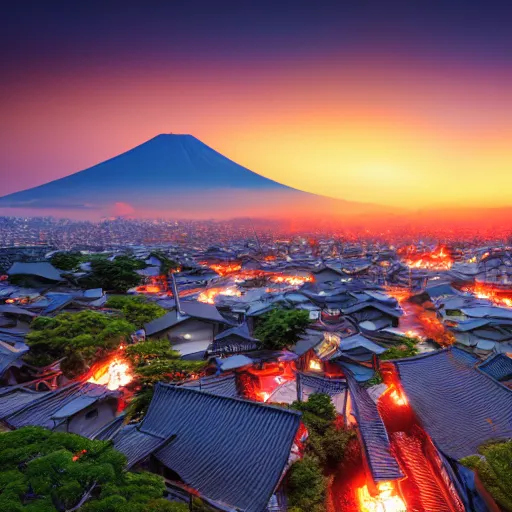 Image similar to japanese town on fire, sunset, 8k, high details, photorealistic, sharp