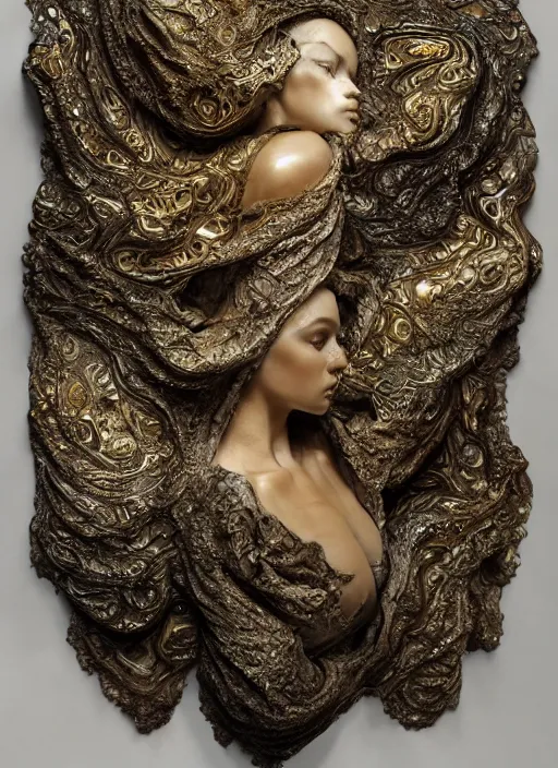 Image similar to marble sculpture of multiple beautiful women, oil slick, palladium veins, dripping, mandelbulb, hypercube, ivory carving, fractal paisley inlay, lace, intricate, elegant, highly detailed, gold inlay, metallic, ivory, artgerm, lace, by ruan jia, greg rutkowski, mucha, zbrush, nick alm