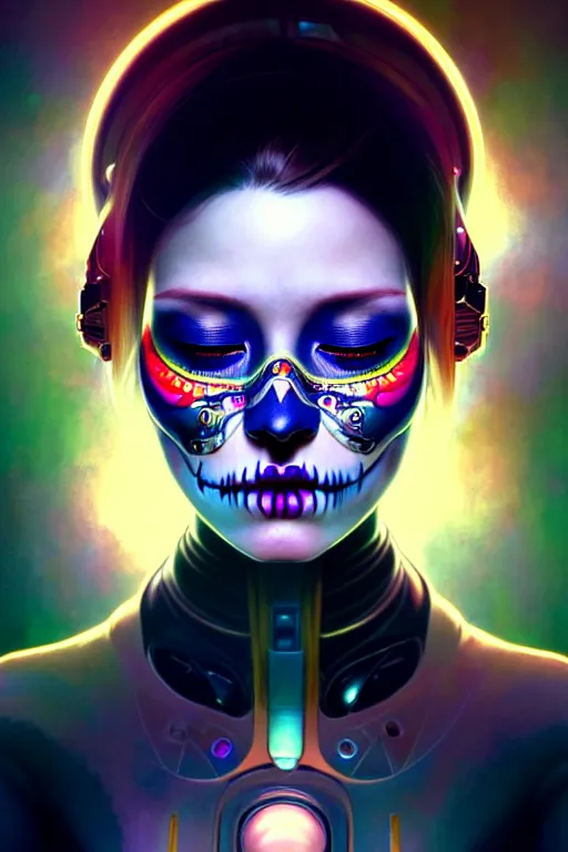 Image similar to ultra detailed, portrait of a female android, eyes closed, sci - fi, triadic color scheme, moody, calm, ( dia de los muertos ), asymmetrical, intricate concept art, art by artgerm and godmachine and michael welan andalphonse mucha and loish and wlop