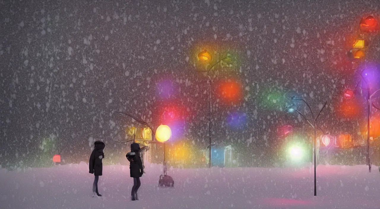 Prompt: multicolor 3 d render of two people hides in snow and rain, falling lights, rendered in maya in high resolution