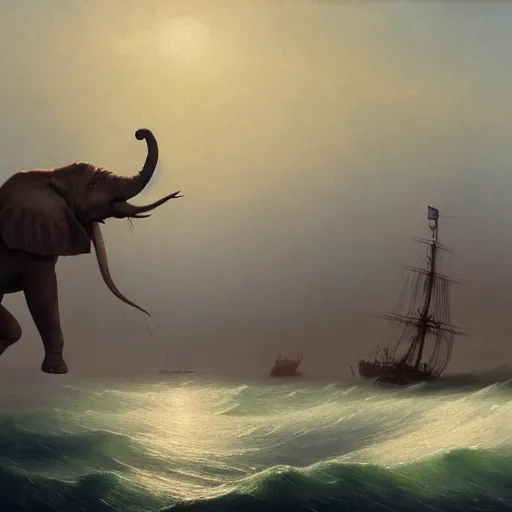 Prompt: a giant elephant walking at sea while a fleet of pirate ships pass by, Ivan Aivazovsky, 4k